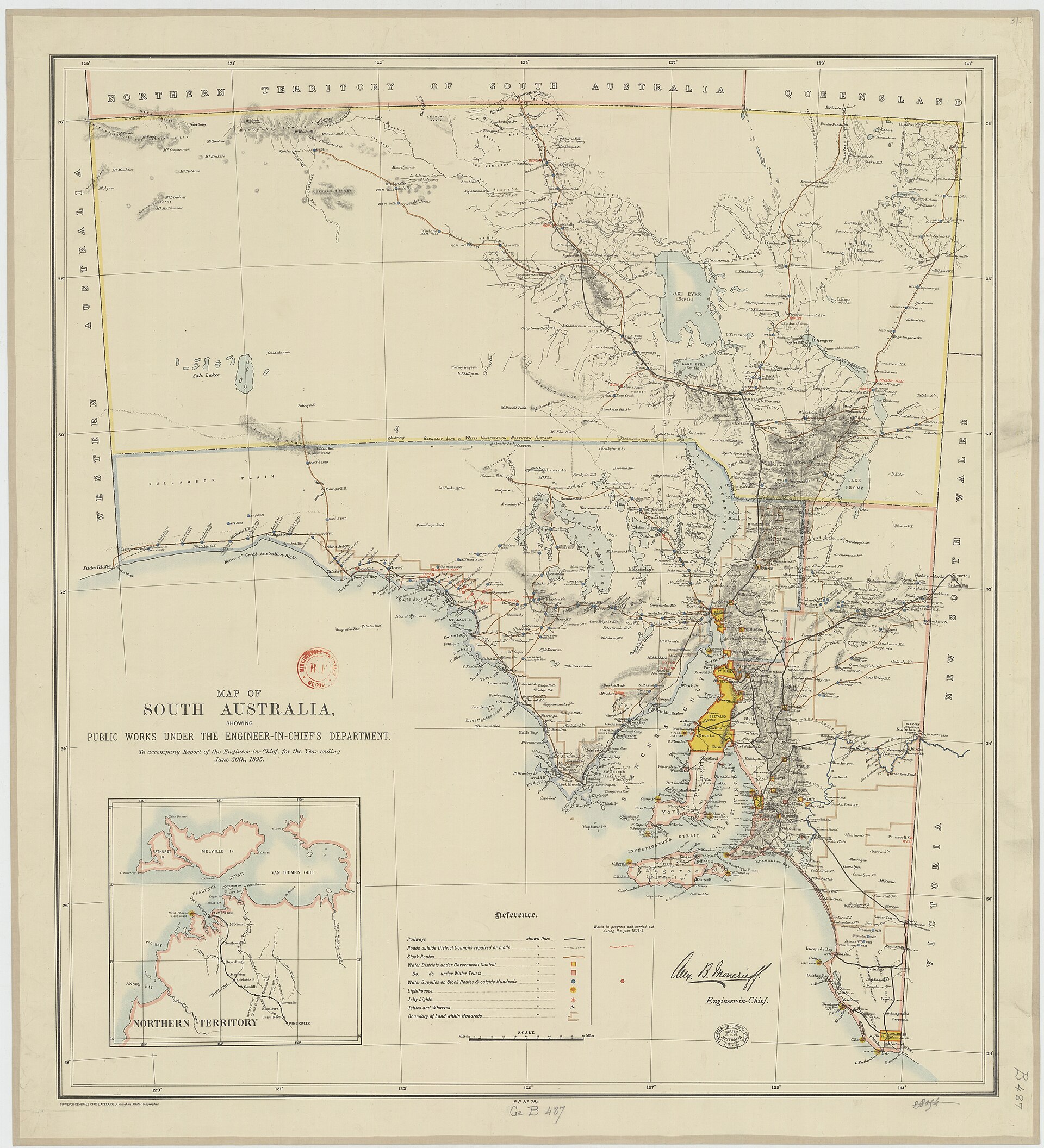 An 1895 survey map of South Australia showing public works